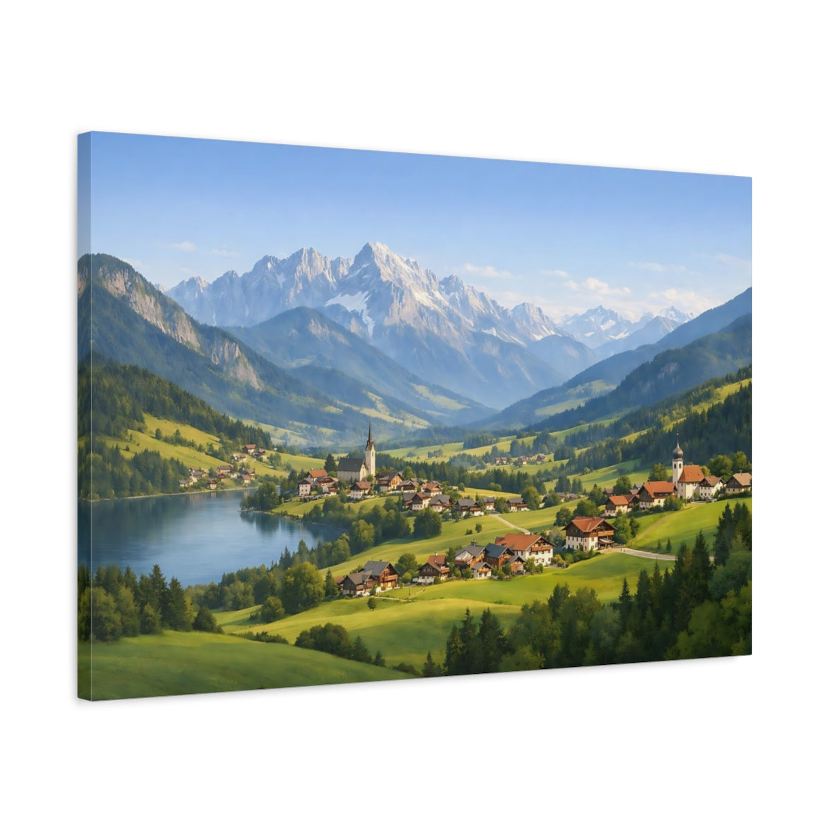 Side Mockup 2. Nature Alpine Village Alpine Village Landscape shown as stretched canvas wall art