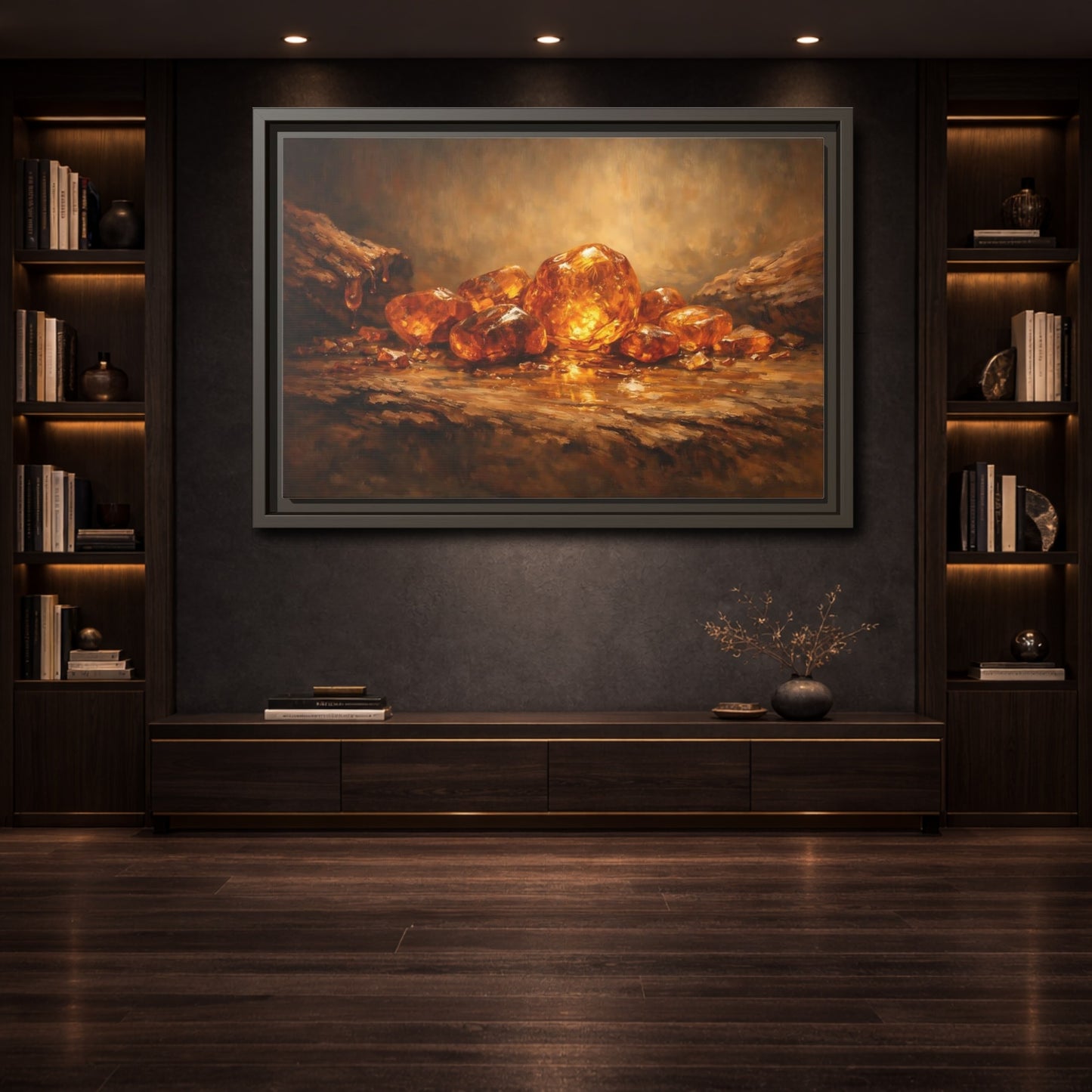 Mockup 3. Nature Amber Stones Amber Gold shown as stretched canvas wall art