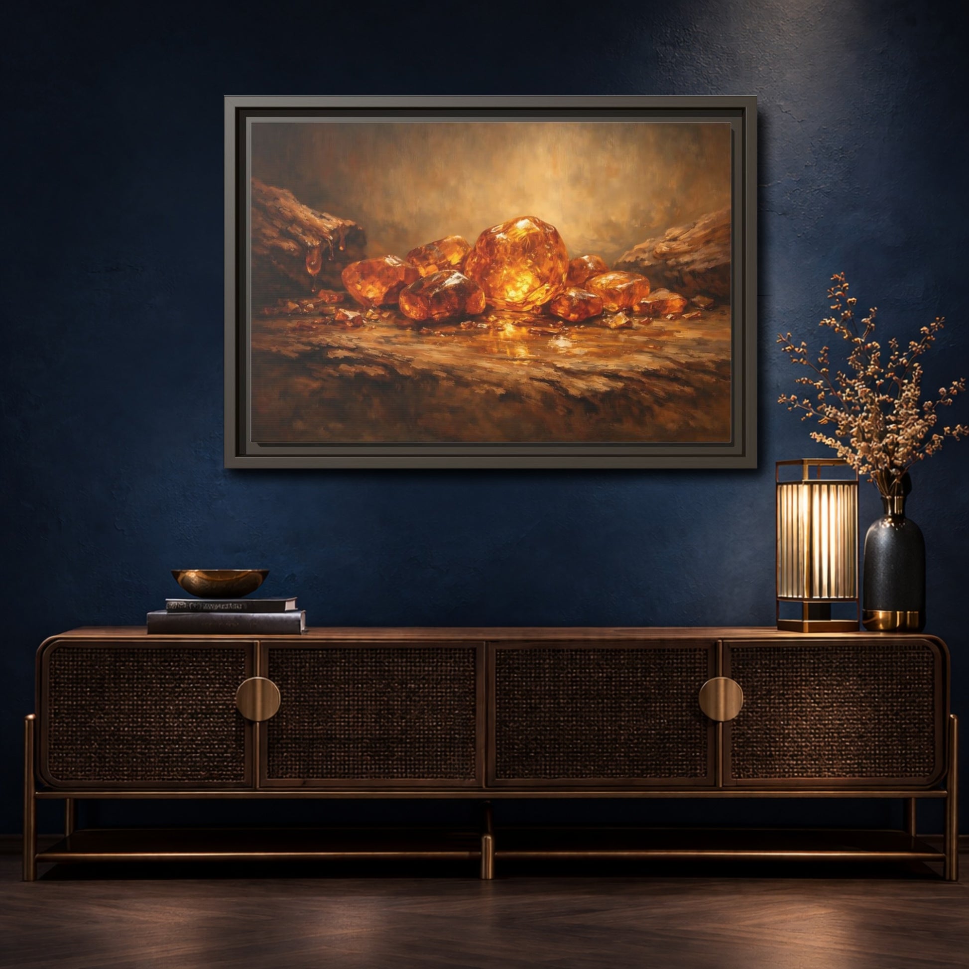 Mockup 4. Nature Amber Stones Amber Gold shown as stretched canvas wall art