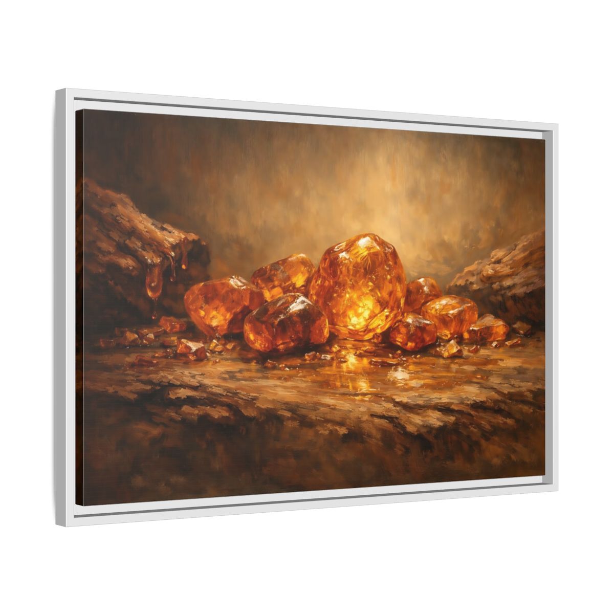 Side Mockup 10. Nature Amber Stones Amber Gold shown as stretched canvas wall art