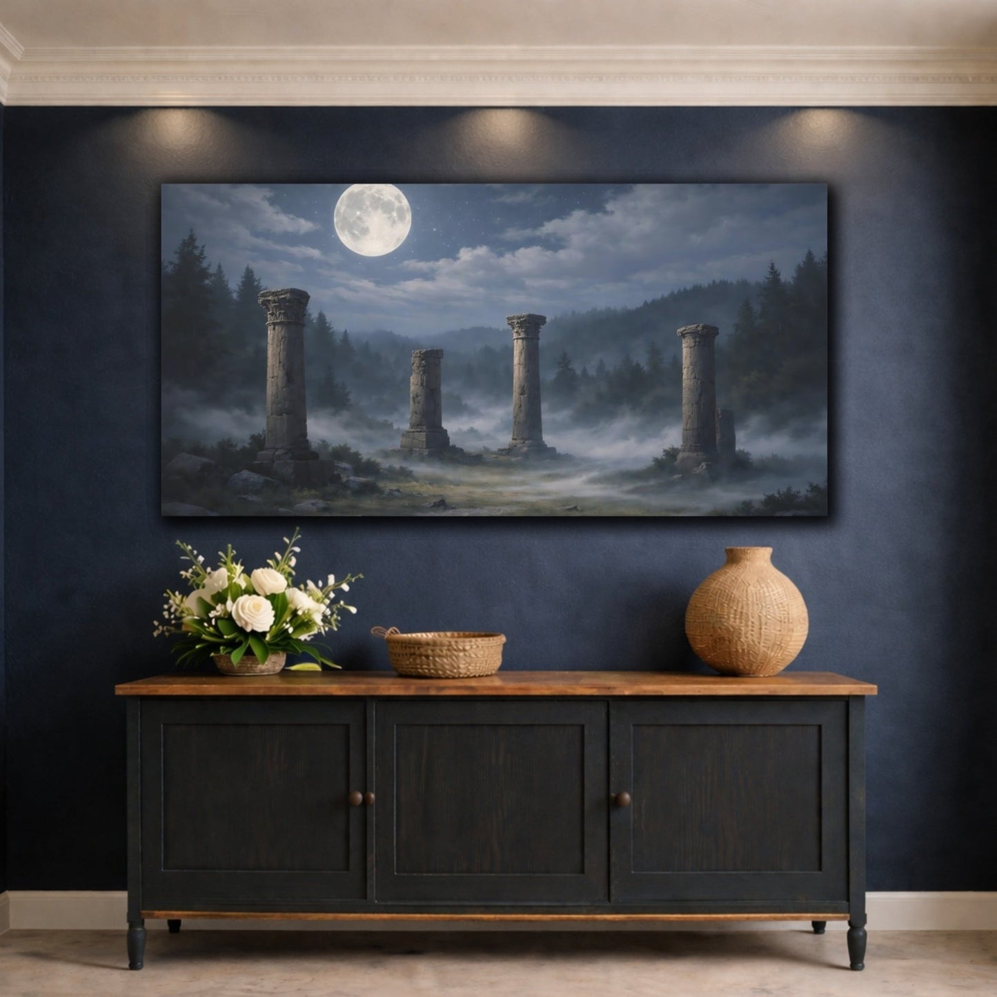 Nature Ancient Columns Moonlit Ruins - Canvas Wall Art Print - YesArtYes