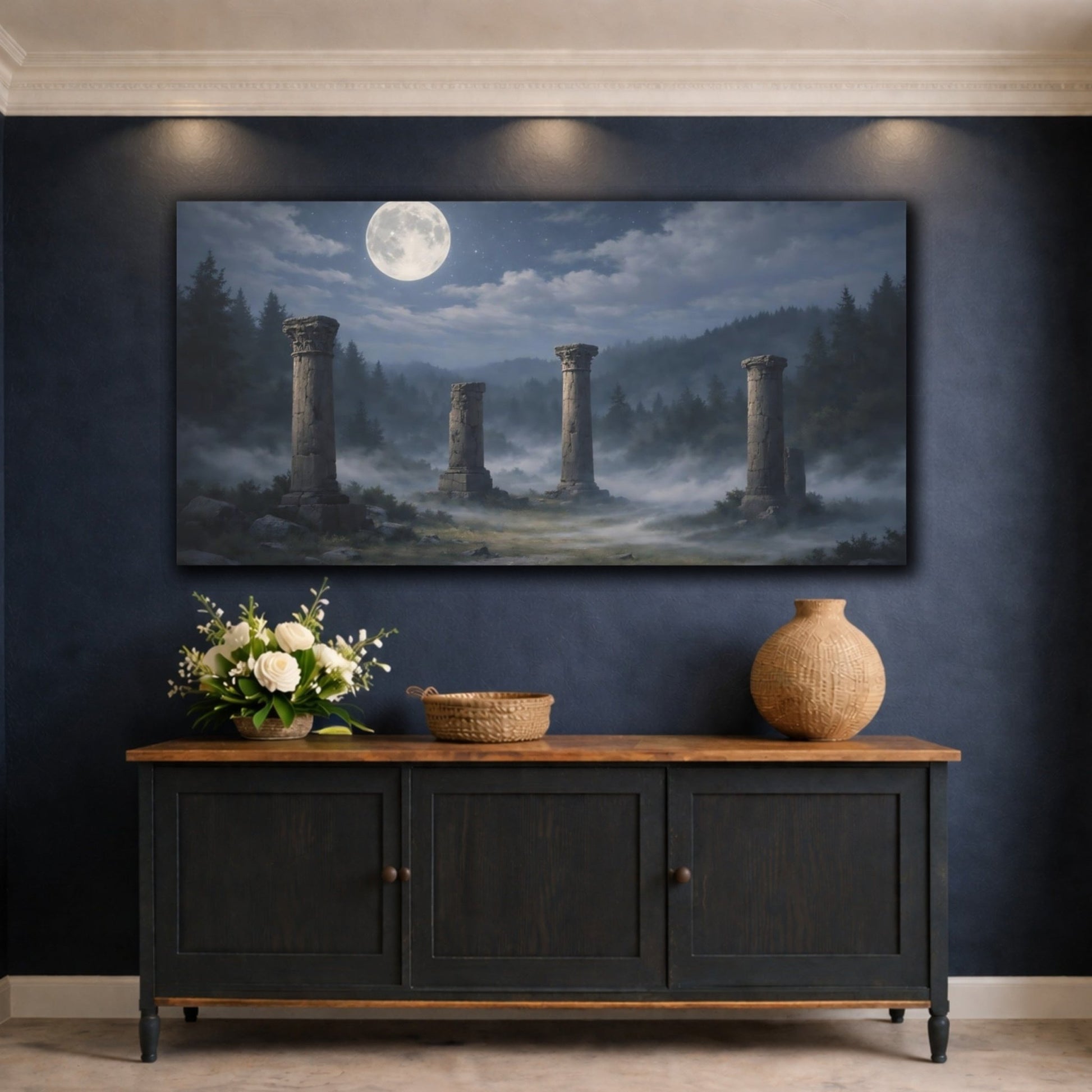 Nature Ancient Columns Moonlit Ruins - Canvas Wall Art Print - YesArtYes
