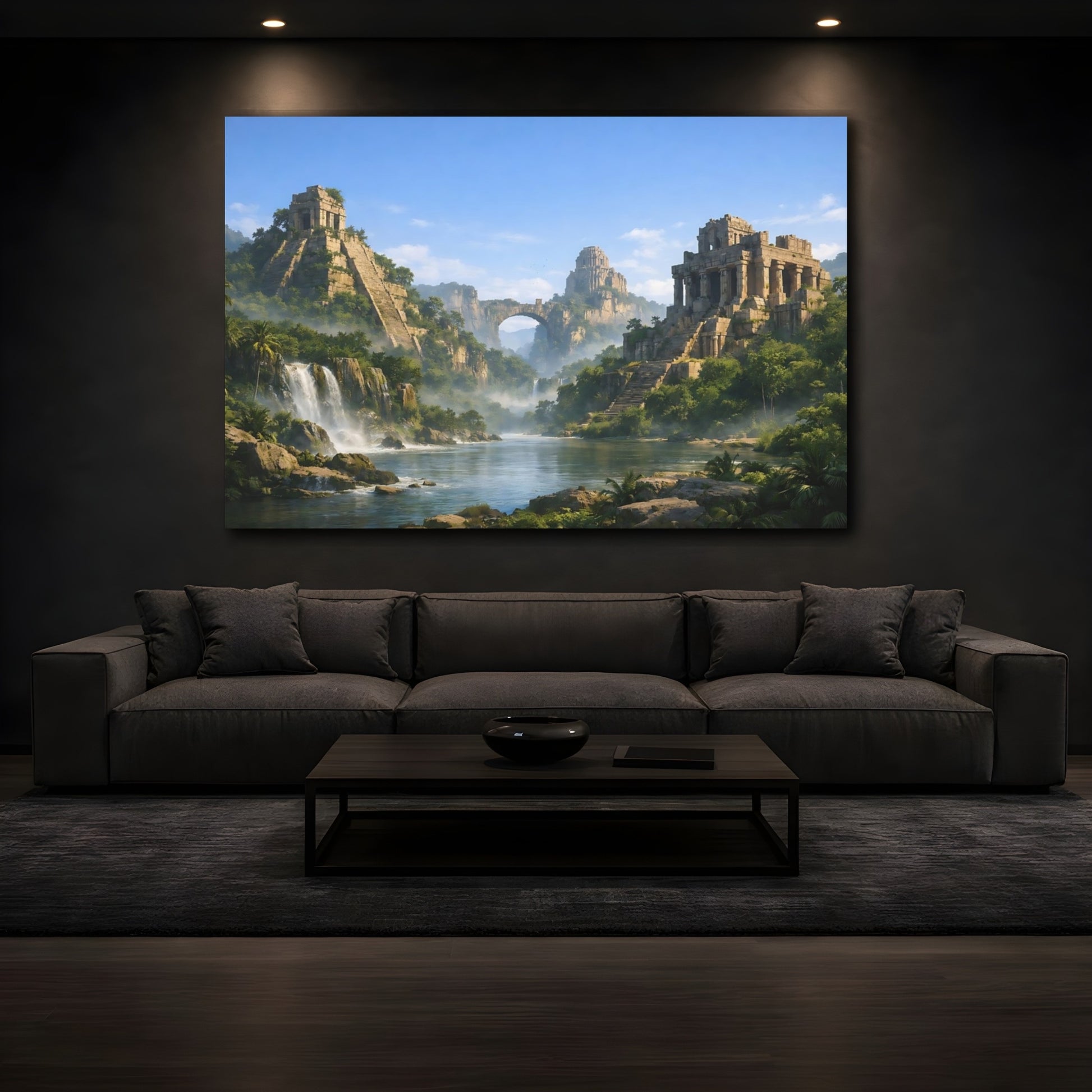 Mockup 4. Nature Ancient Ruins Green Stone Landscape shown as stretched canvas wall art