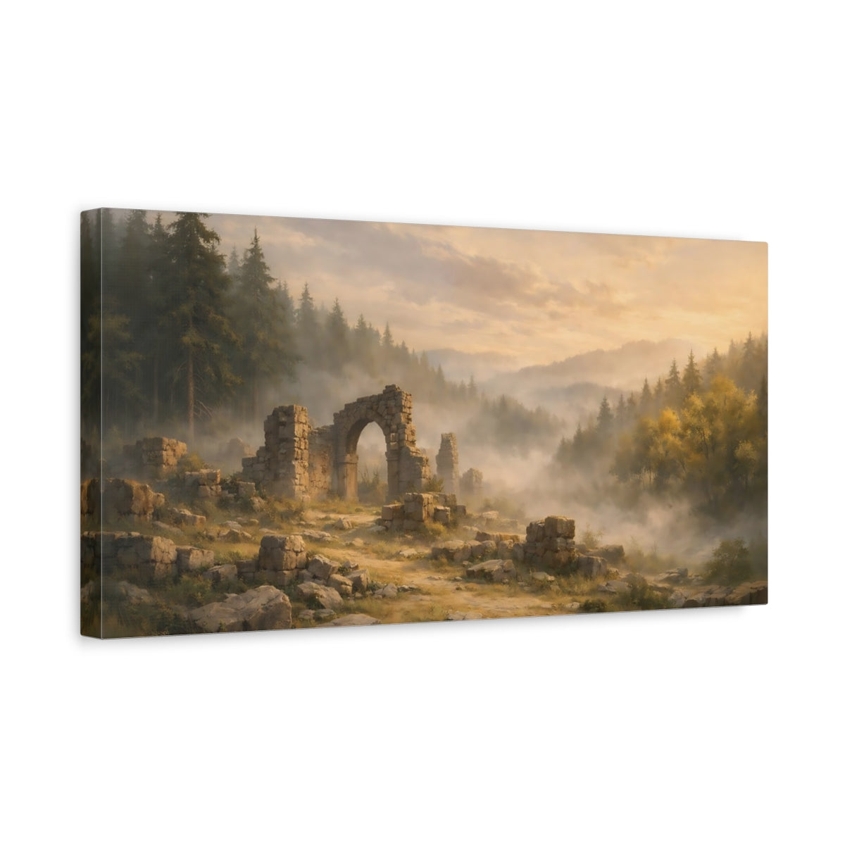 Side Mockup 3. Nature Ancient Ruins Misty Forest Ruins shown as stretched canvas wall art