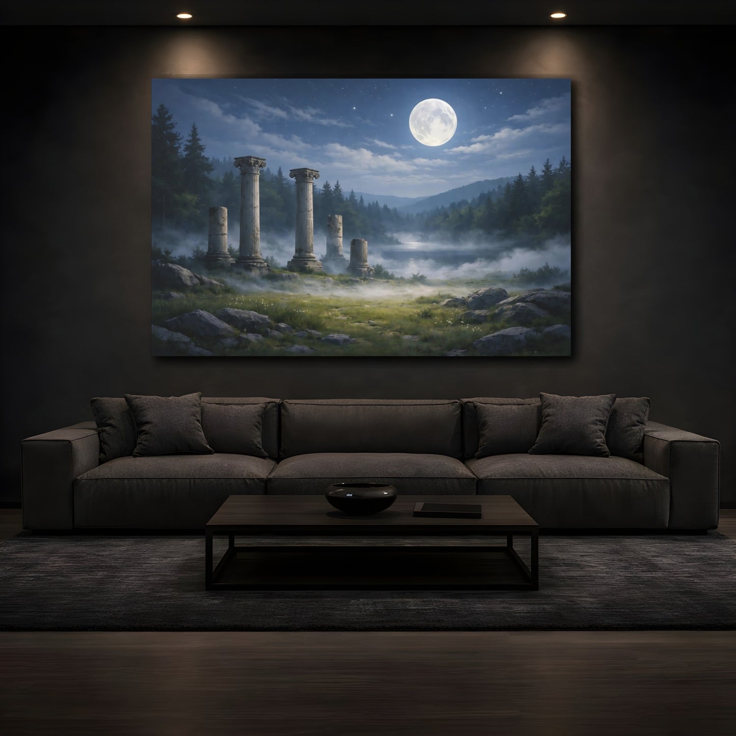 Mockup 2. Nature Ancient Ruins Moonlit Ancient Ruins shown as stretched canvas wall art