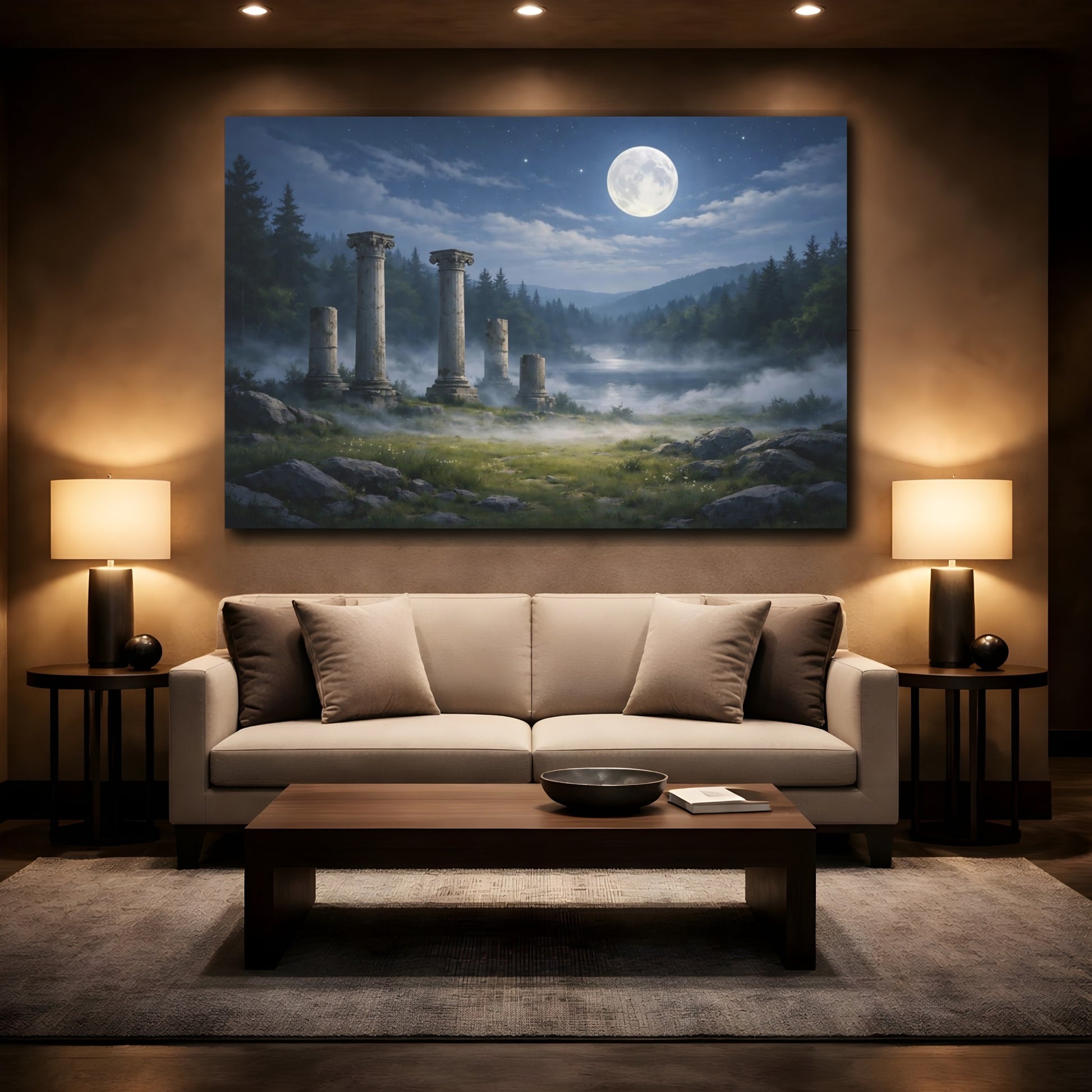 Mockup 3. Nature Ancient Ruins Moonlit Ancient Ruins shown as stretched canvas wall art