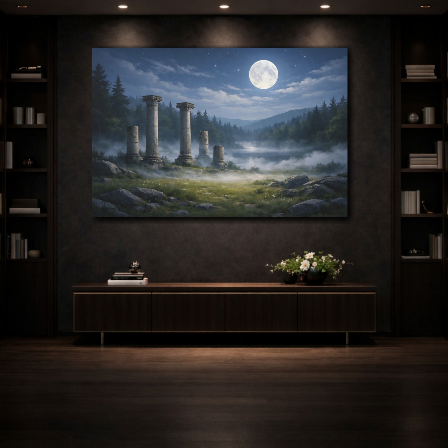 Mockup 4. Nature Ancient Ruins Moonlit Ancient Ruins shown as stretched canvas wall art