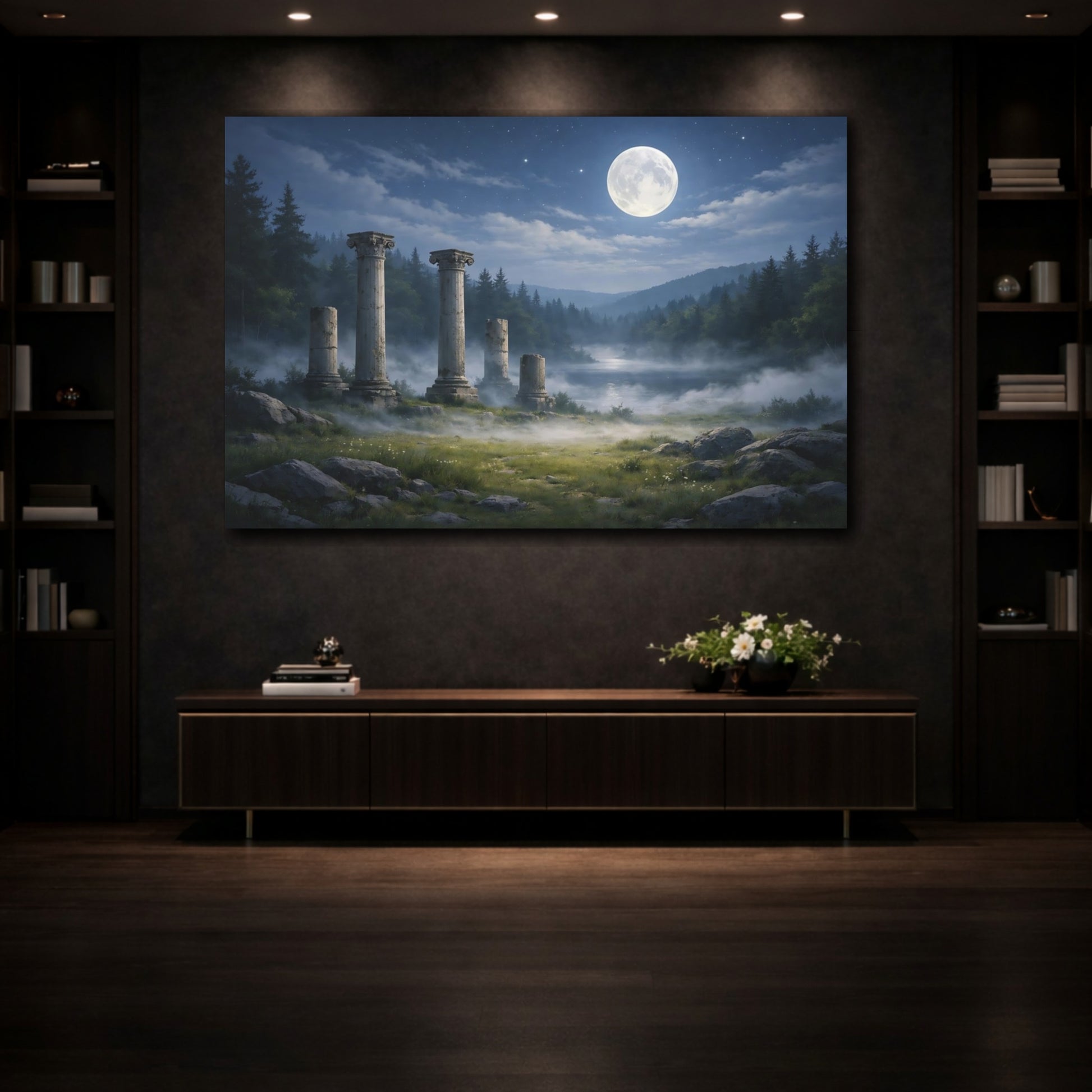 Mockup 4. Nature Ancient Ruins Moonlit Ancient Ruins shown as stretched canvas wall art