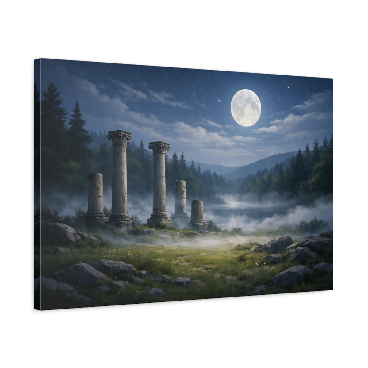 Side Mockup 2. Nature Ancient Ruins Moonlit Ancient Ruins shown as stretched canvas wall art