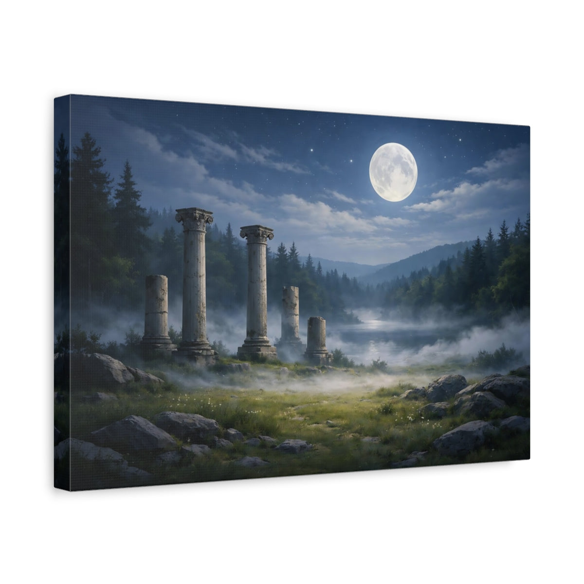 Side Mockup 4. Nature Ancient Ruins Moonlit Ancient Ruins shown as stretched canvas wall art