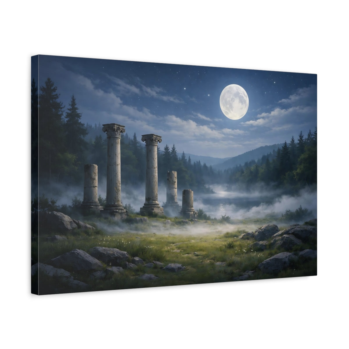 Side Mockup 3. Nature Ancient Ruins Moonlit Ancient Ruins shown as stretched canvas wall art
