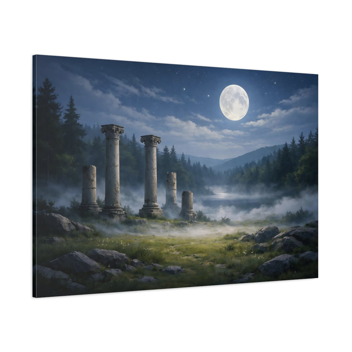 Side Mockup 1. Nature Ancient Ruins Moonlit Ancient Ruins shown as stretched canvas wall art