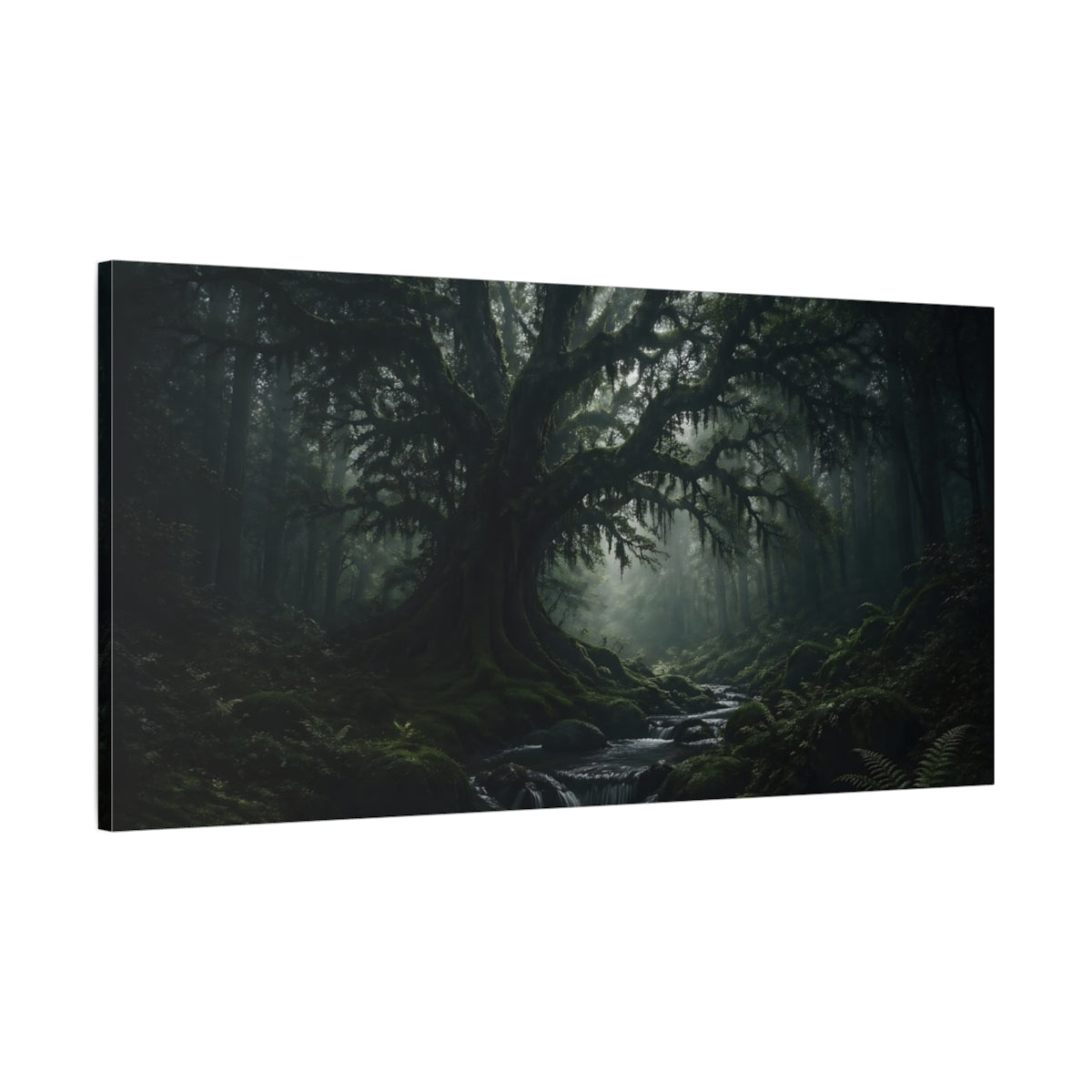 Main Mockup. Nature Ancient Tree Dark Green Forest shown as stretched canvas wall art