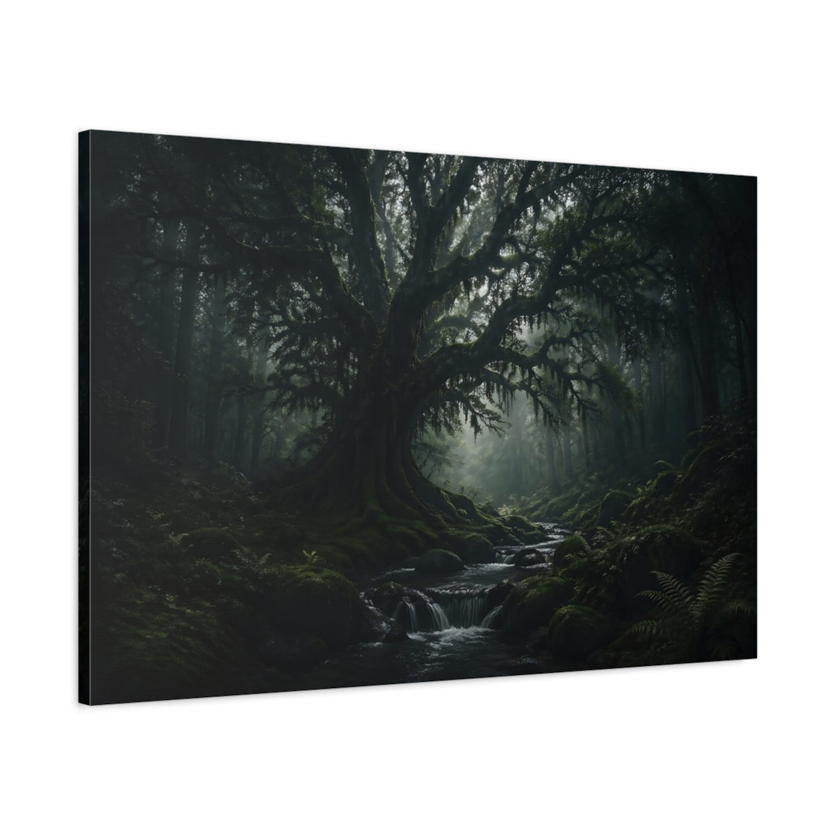 Main Mockup. Nature Ancient Tree Dark Green Forest shown as stretched canvas wall art