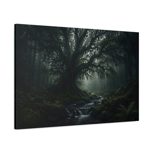 Main Mockup. Nature Ancient Tree Dark Green Forest shown as stretched canvas wall art