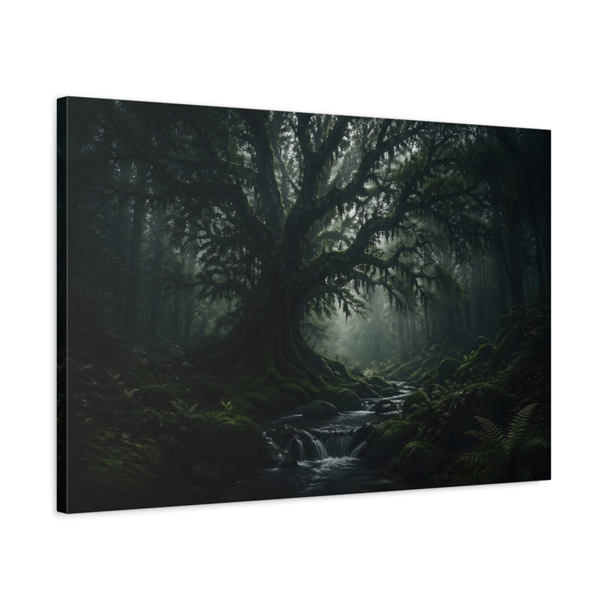 Side Mockup 2. Nature Ancient Tree Dark Green Forest shown as stretched canvas wall art