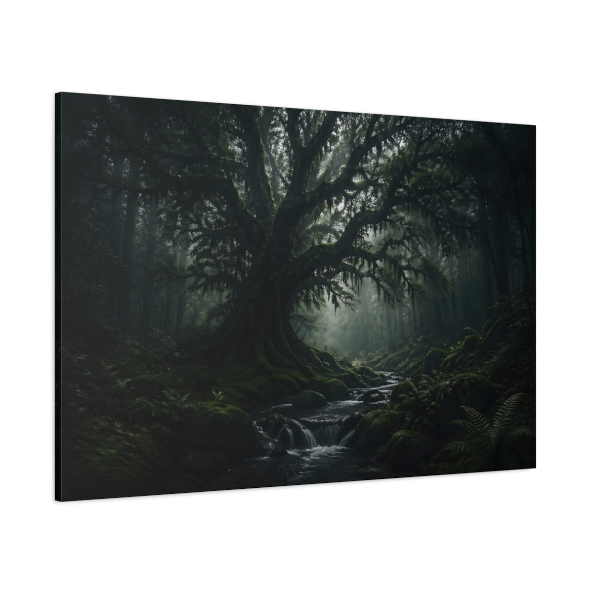 Side Mockup 1. Nature Ancient Tree Dark Green Forest shown as stretched canvas wall art