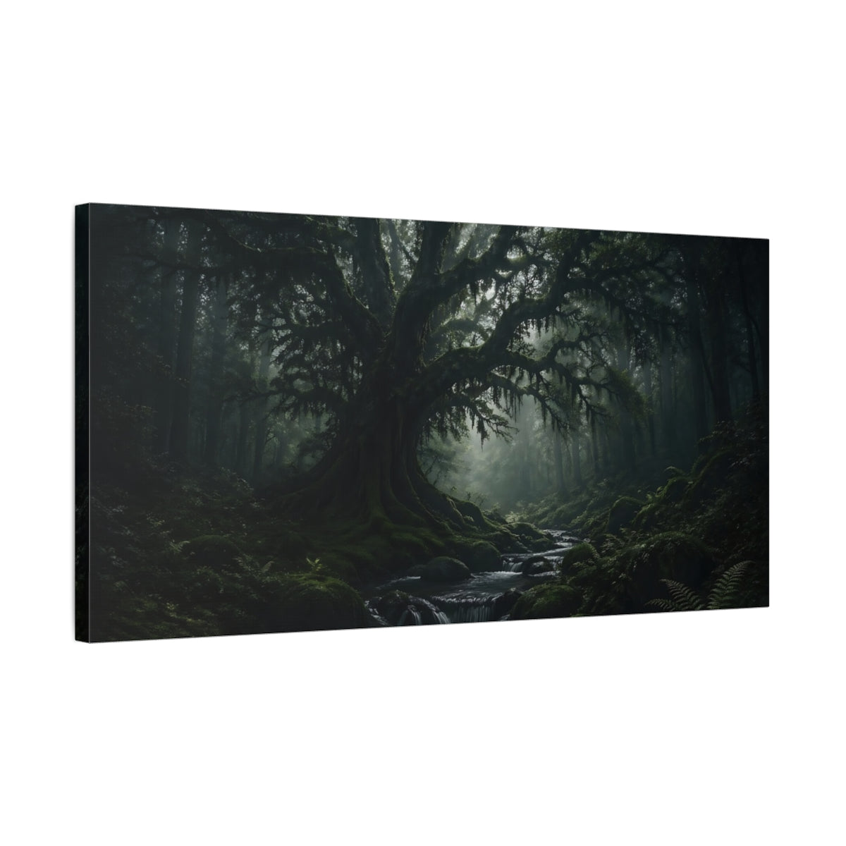Side Mockup 1. Nature Ancient Tree Dark Green Forest shown as stretched canvas wall art