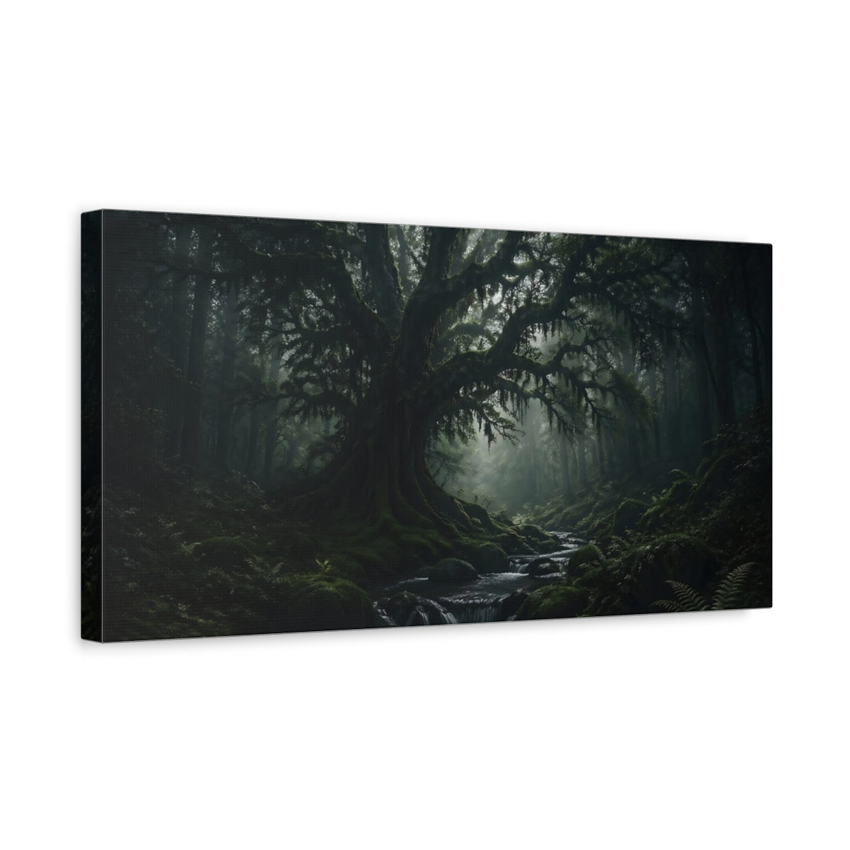 Side Mockup 3. Nature Ancient Tree Dark Green Forest shown as stretched canvas wall art