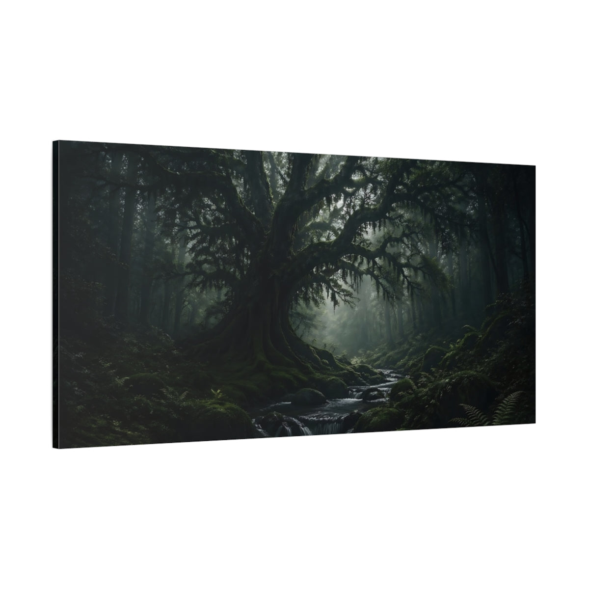 Side Mockup 2. Nature Ancient Tree Dark Green Forest shown as stretched canvas wall art