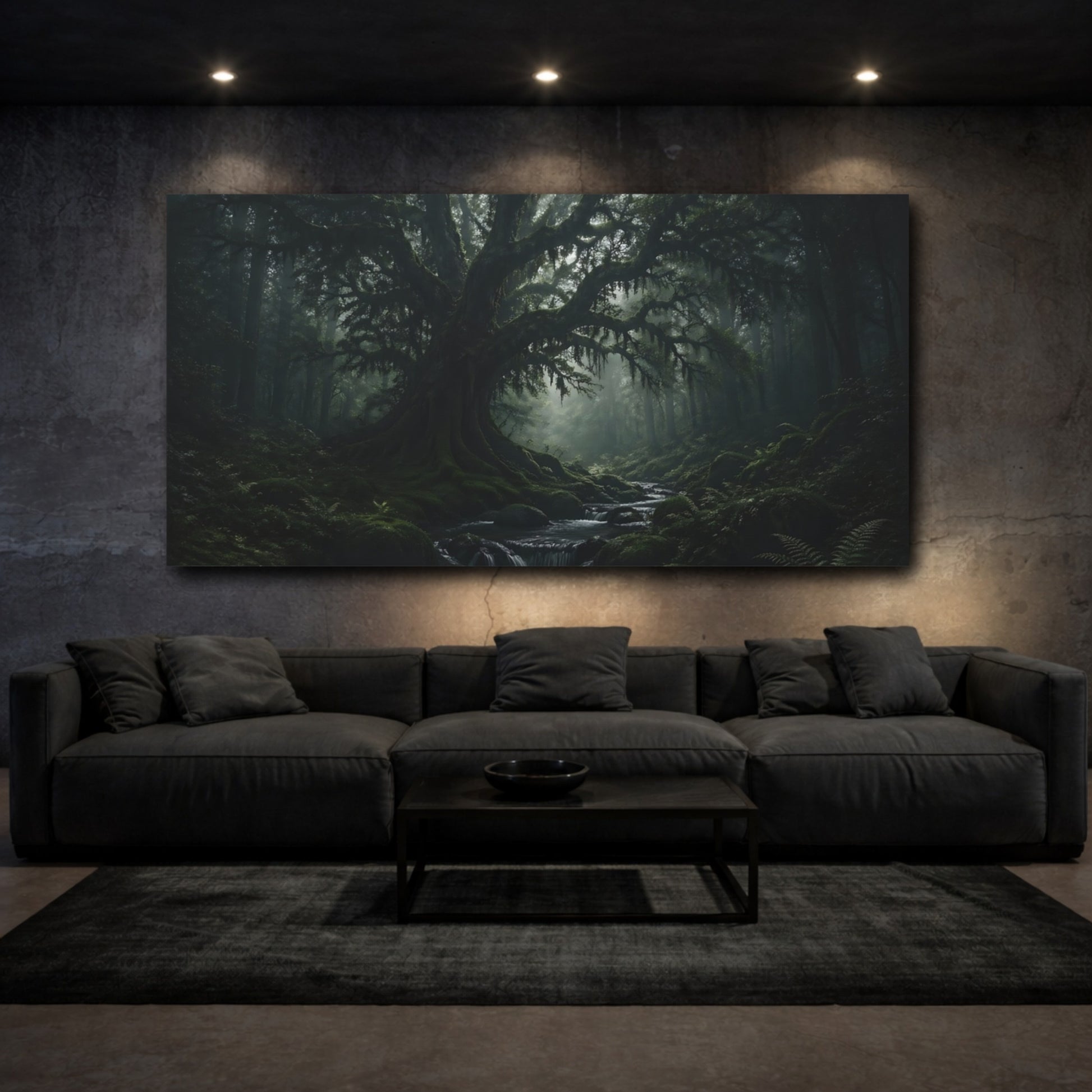 Mockup 2. Nature Ancient Tree Dark Green Forest shown as stretched canvas wall art