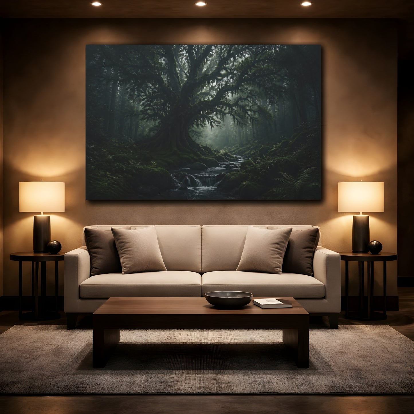 Mockup 2. Nature Ancient Tree Dark Green Forest shown as stretched canvas wall art