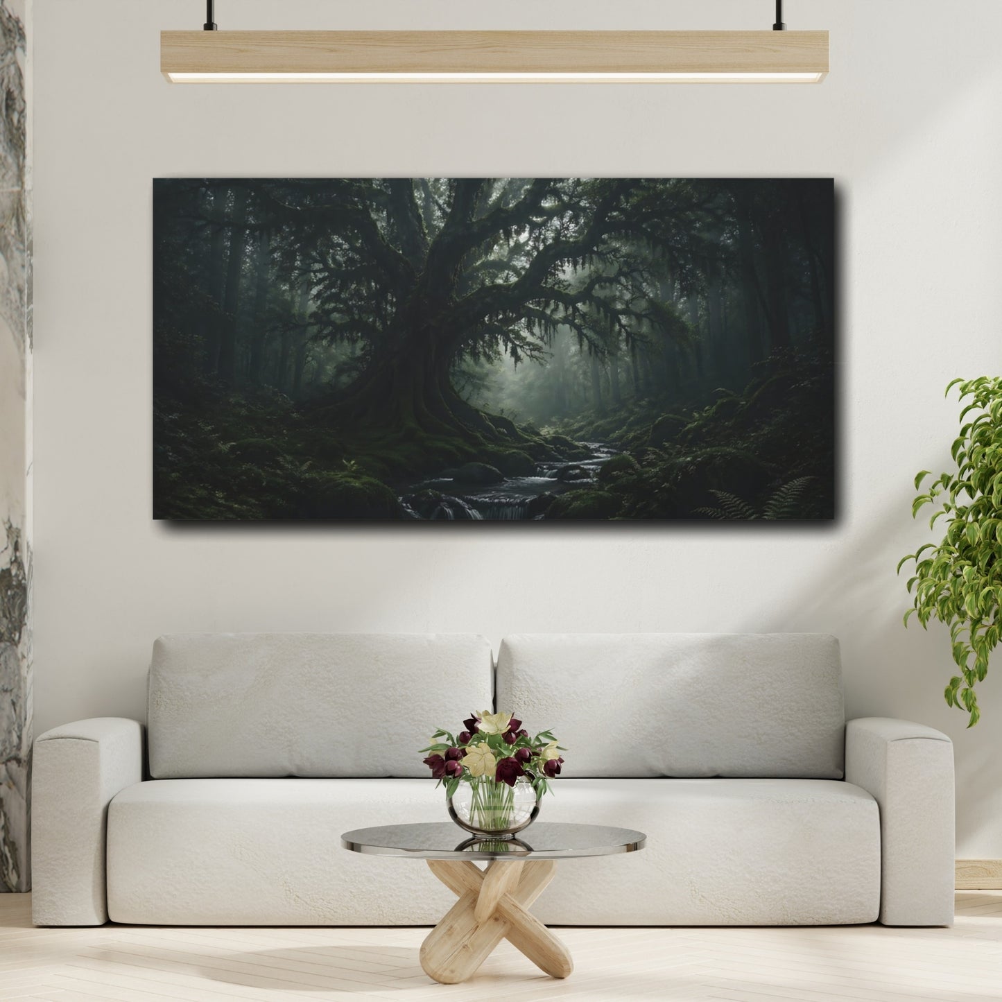 Mockup 3. Nature Ancient Tree Dark Green Forest shown as stretched canvas wall art