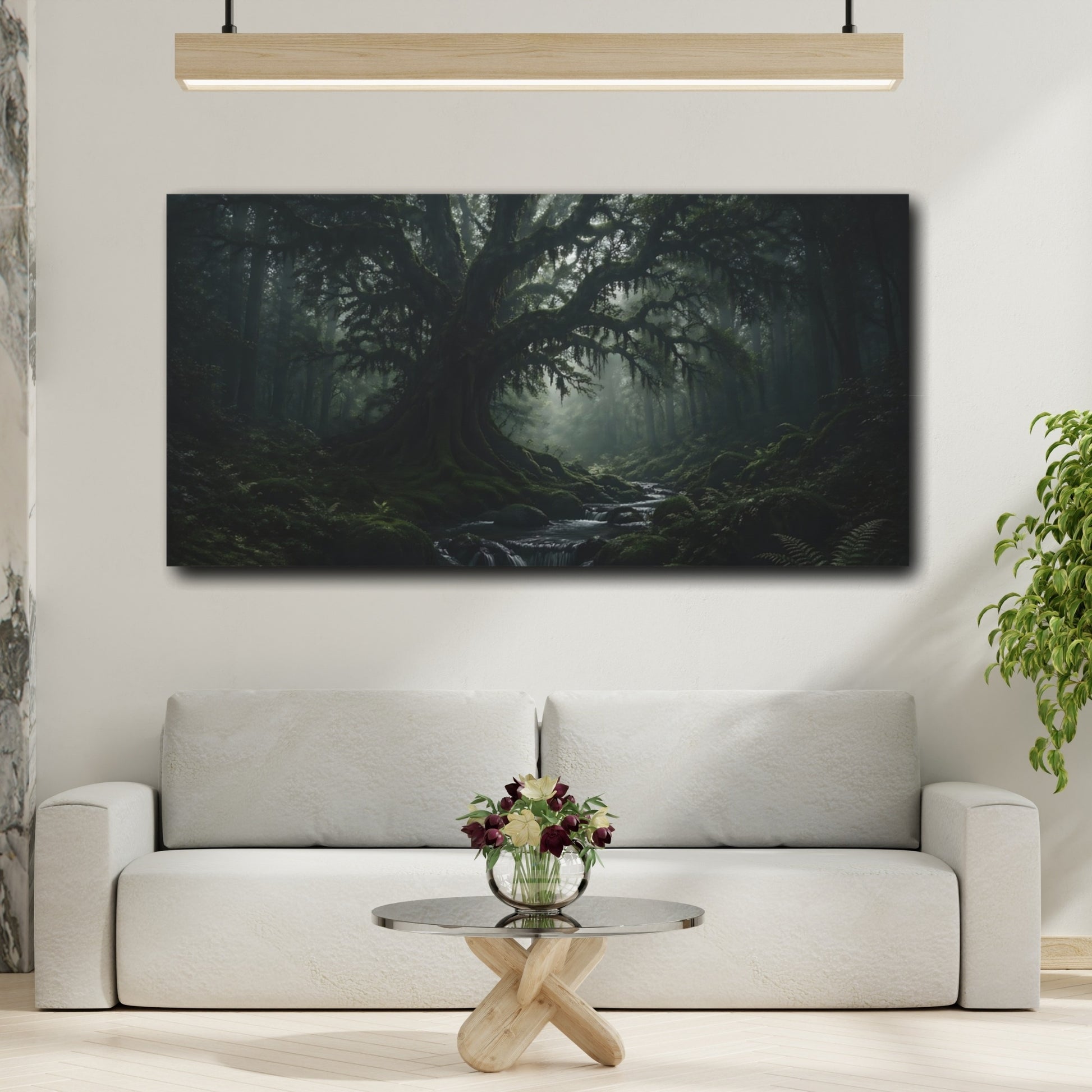 Mockup 3. Nature Ancient Tree Dark Green Forest shown as stretched canvas wall art