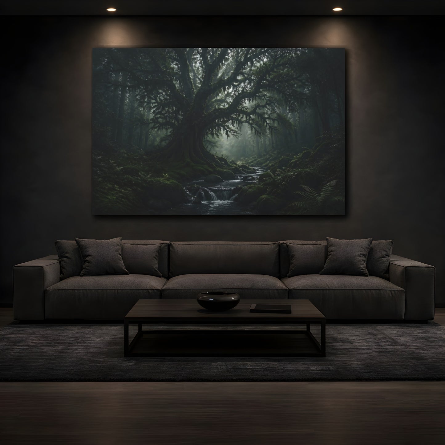 Mockup 3. Nature Ancient Tree Dark Green Forest shown as stretched canvas wall art