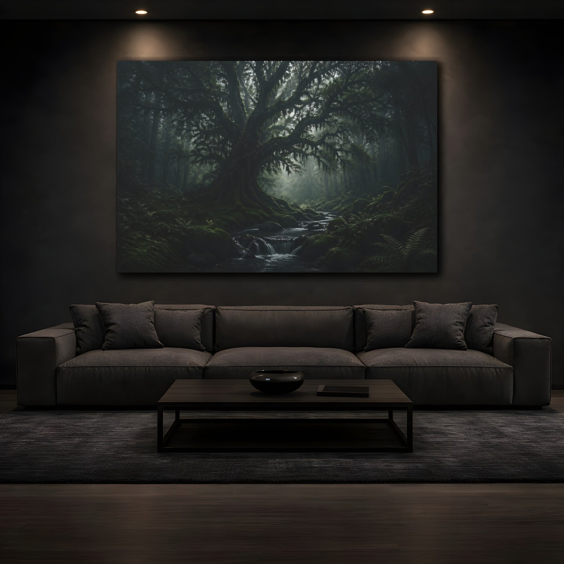 Mockup 3. Nature Ancient Tree Dark Green Forest shown as stretched canvas wall art