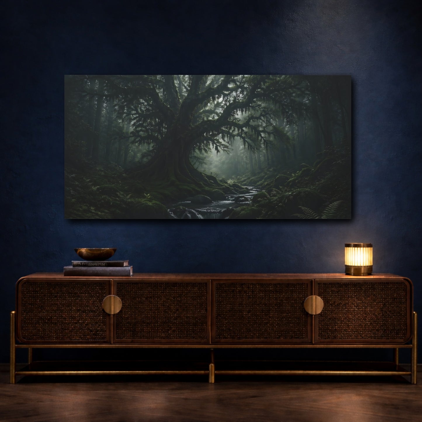 Mockup 4. Nature Ancient Tree Dark Green Forest shown as stretched canvas wall art