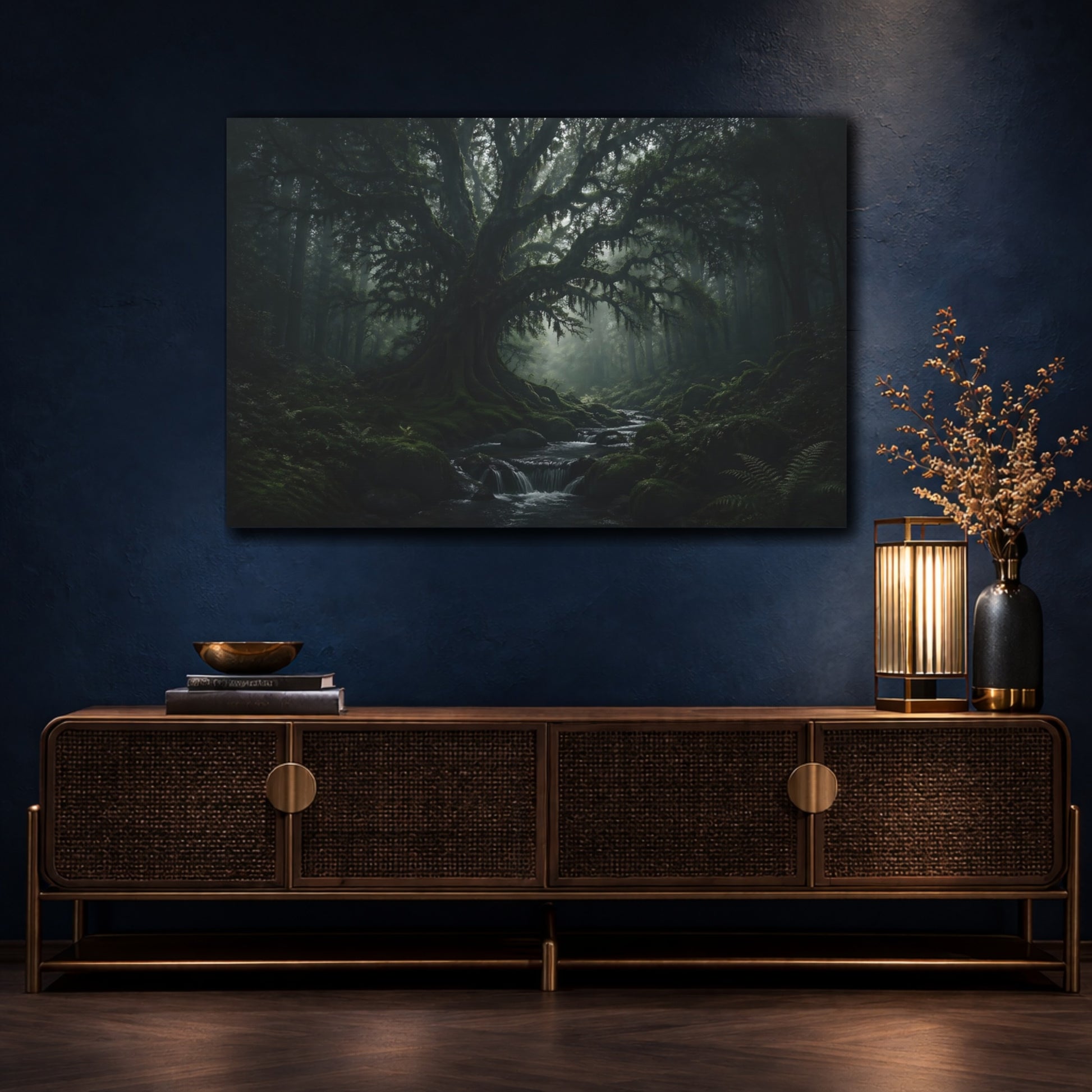 Mockup 4. Nature Ancient Tree Dark Green Forest shown as stretched canvas wall art