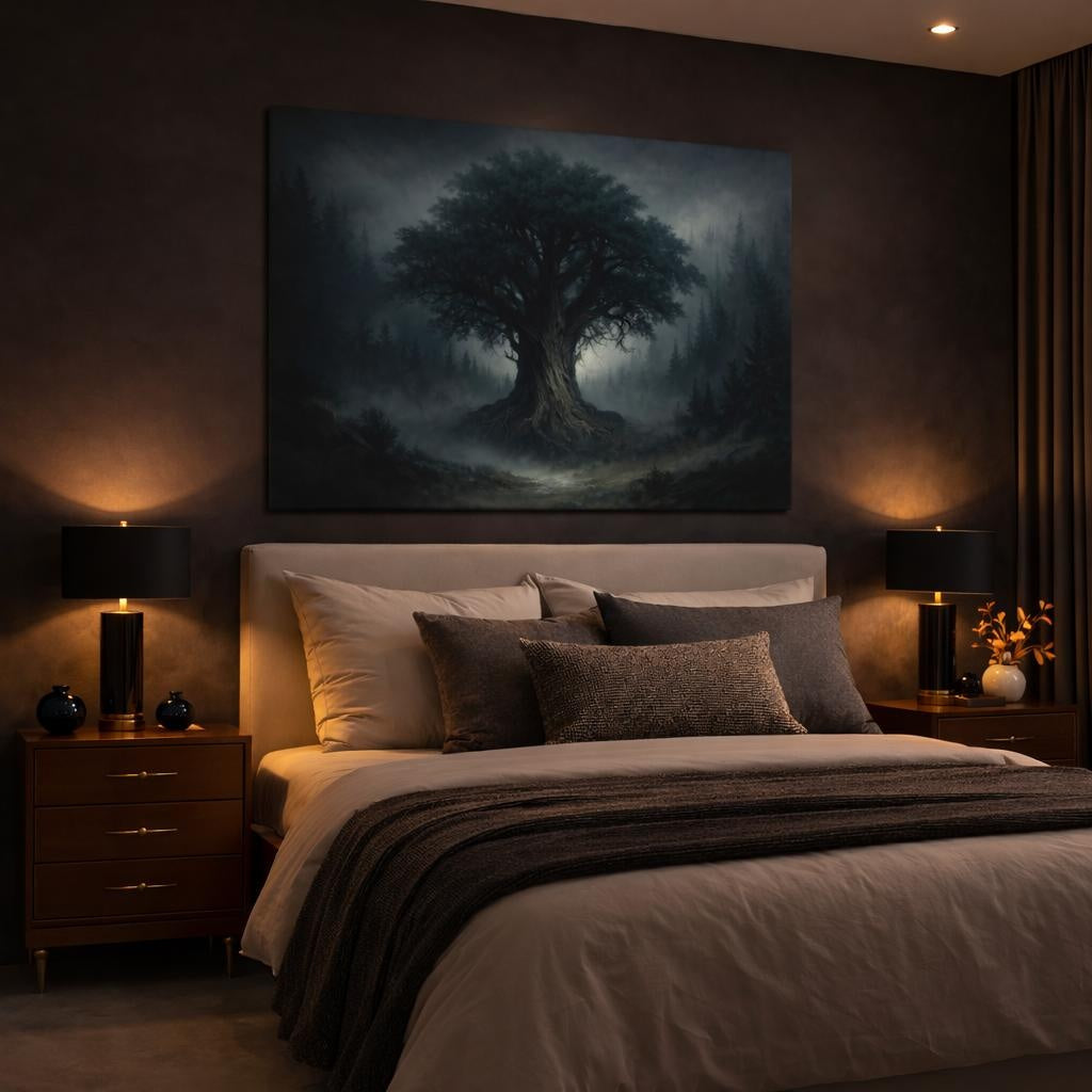 Nature Ancient Tree Dark Misty Forest shown as canvas wall art in a luxury bedroom
