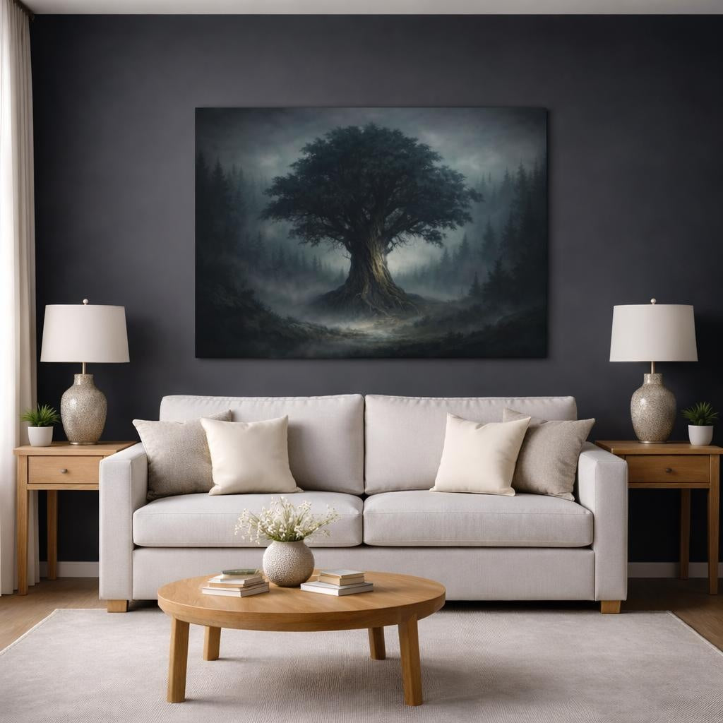 Nature Ancient Tree Dark Misty Forest shown as canvas wall art in a modern living room
