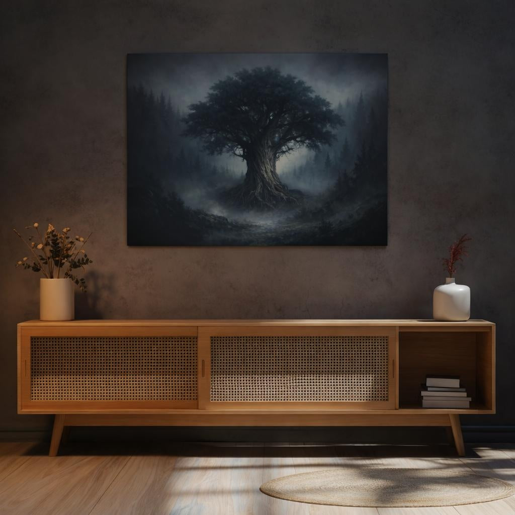 Nature Ancient Tree Dark Misty Forest shown as canvas wall art in a luxury executive office