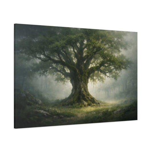 Nature Ancient Tree Green Forest Mist - Canvas Wall Art Print - YesArtYes