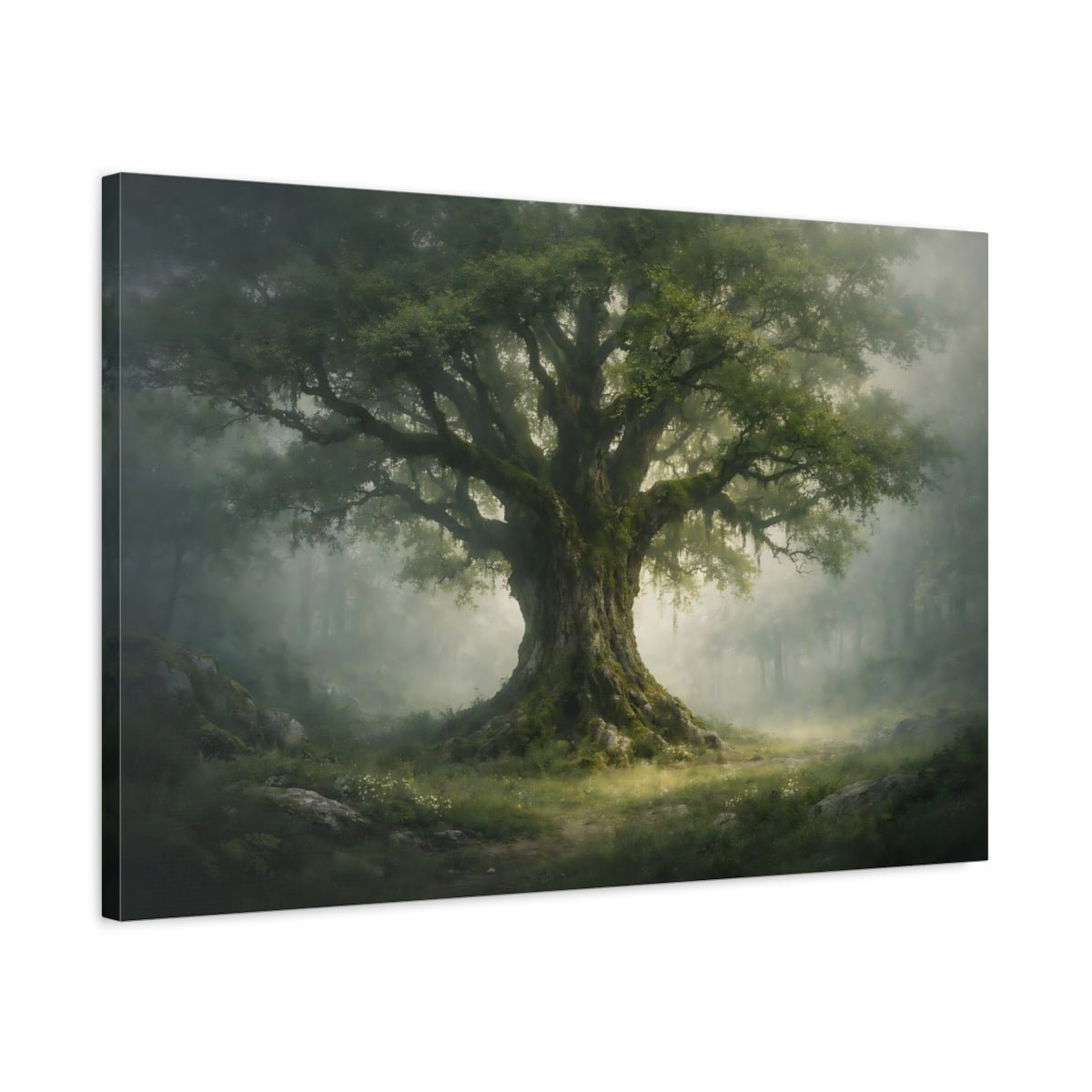 Nature Ancient Tree Green Forest Mist - Canvas Wall Art Print - YesArtYes