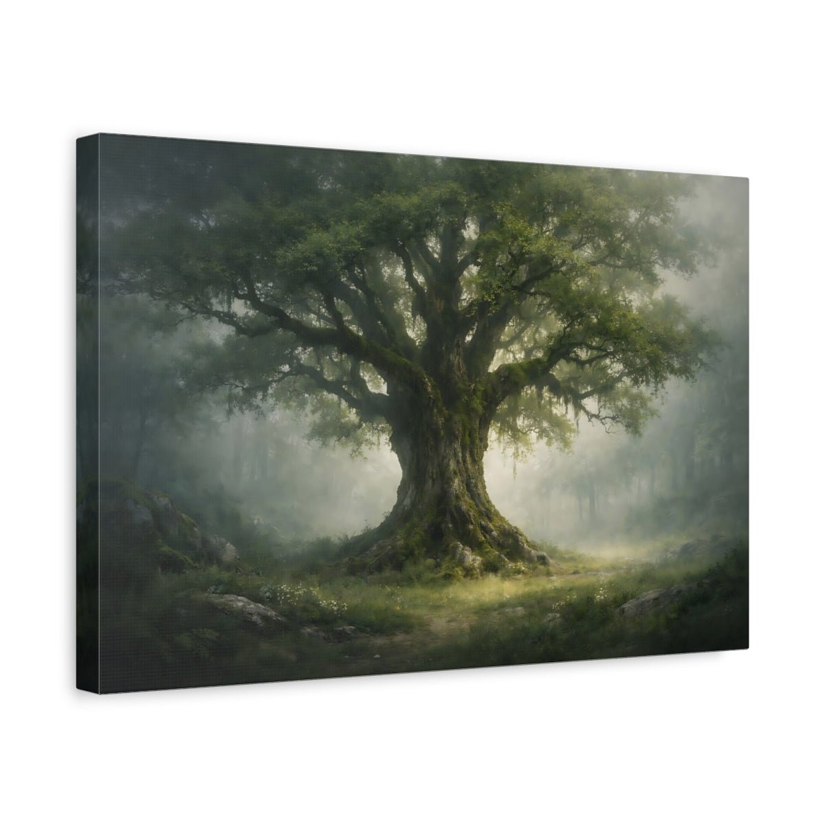 Nature Ancient Tree Green Forest Mist - Canvas Wall Art Print - YesArtYes