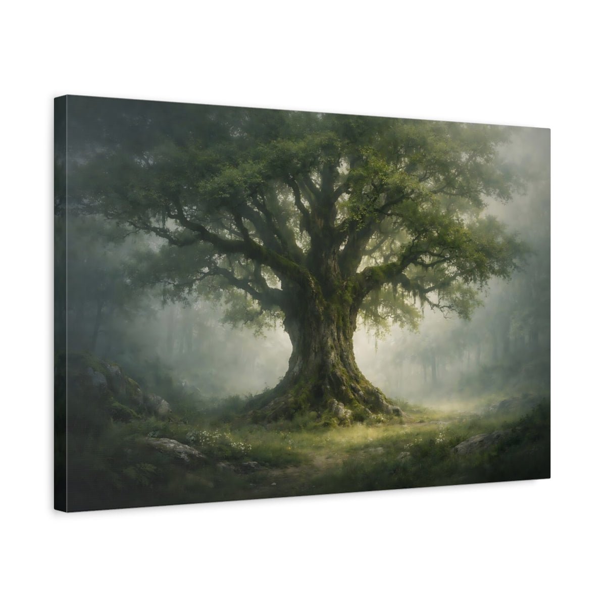 Nature Ancient Tree Green Forest Mist - Canvas Wall Art Print - YesArtYes