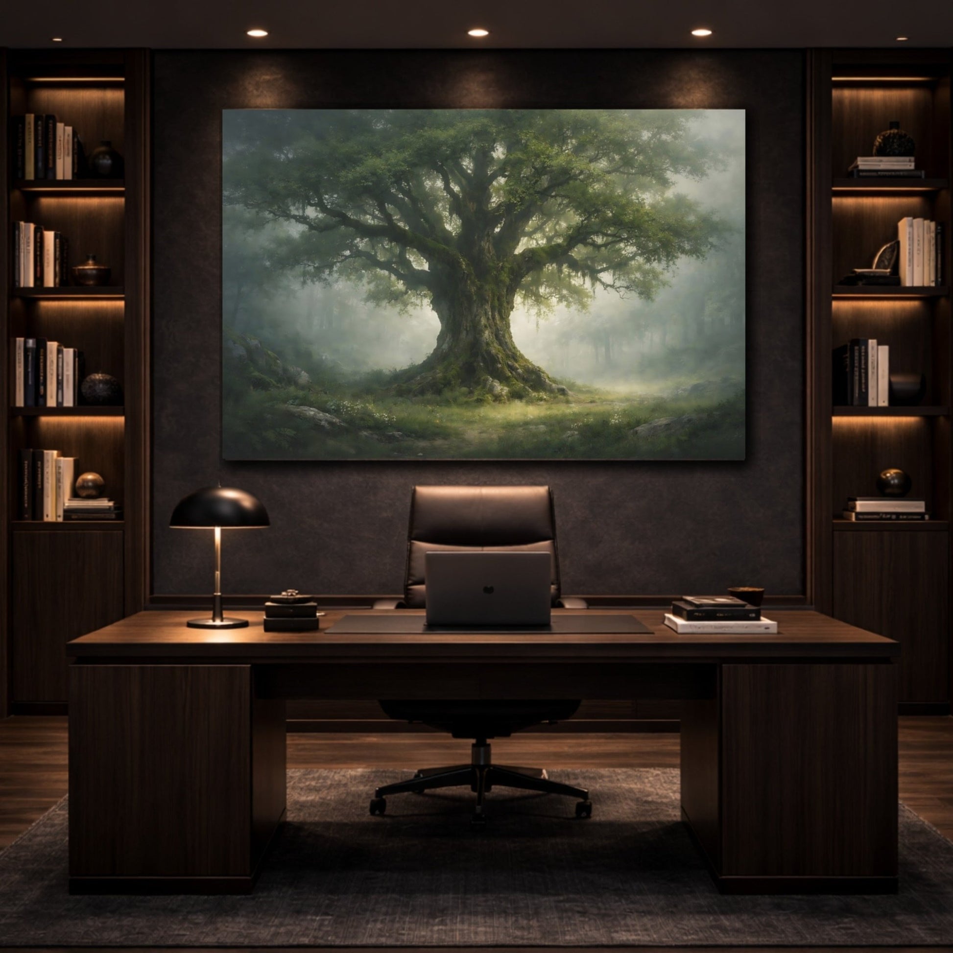 Nature Ancient Tree Green Forest Mist - Canvas Wall Art Print - YesArtYes