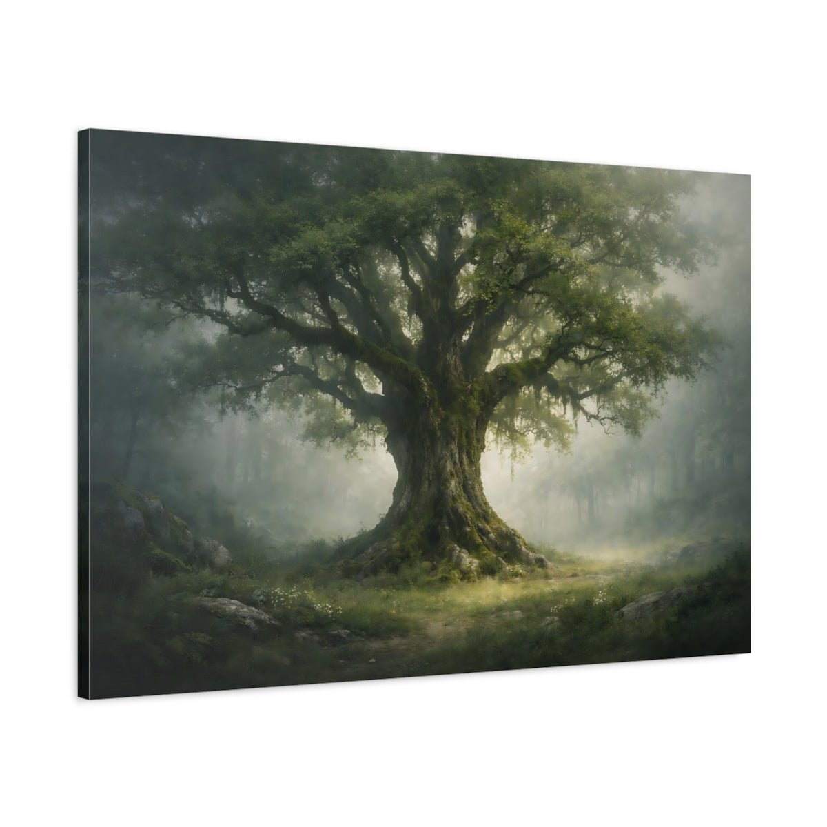 Nature Ancient Tree Green Forest Mist - Canvas Wall Art Print - YesArtYes