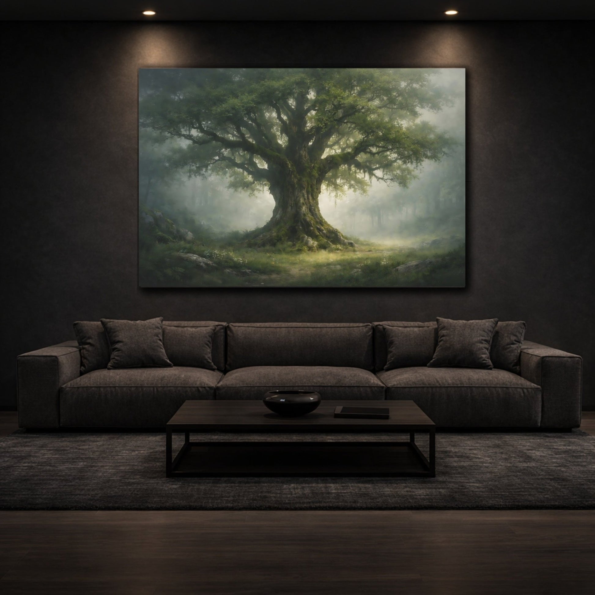 Nature Ancient Tree Green Forest Mist - Canvas Wall Art Print - YesArtYes