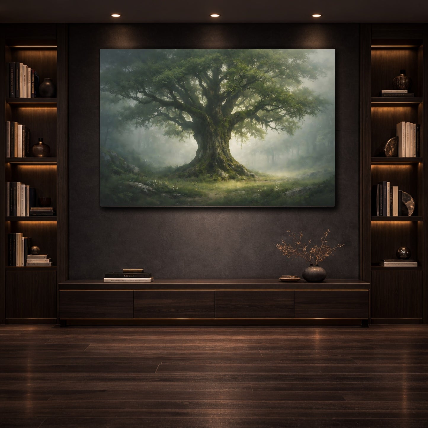 Nature Ancient Tree Green Forest Mist shown as front canvas room wall art