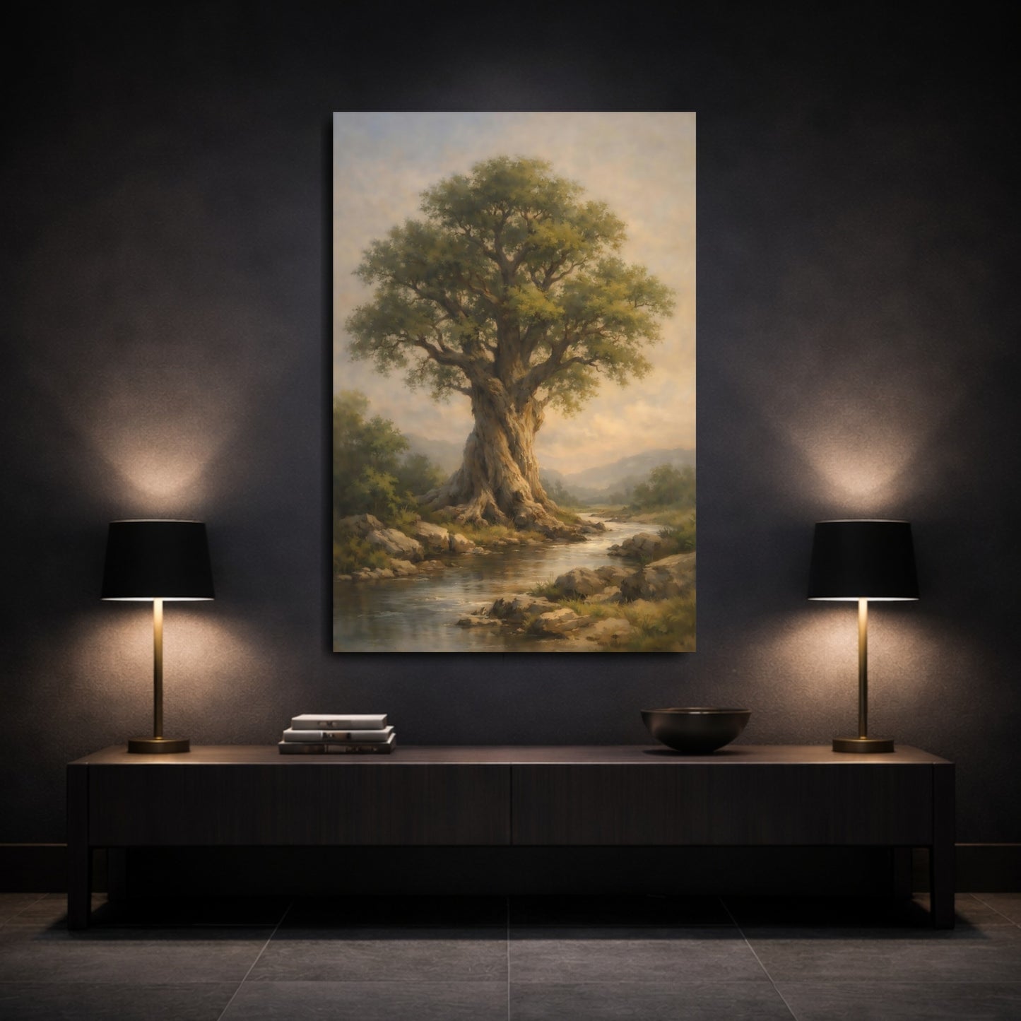 Mockup 2. Nature Ancient Tree Green Tree River shown as stretched canvas wall art