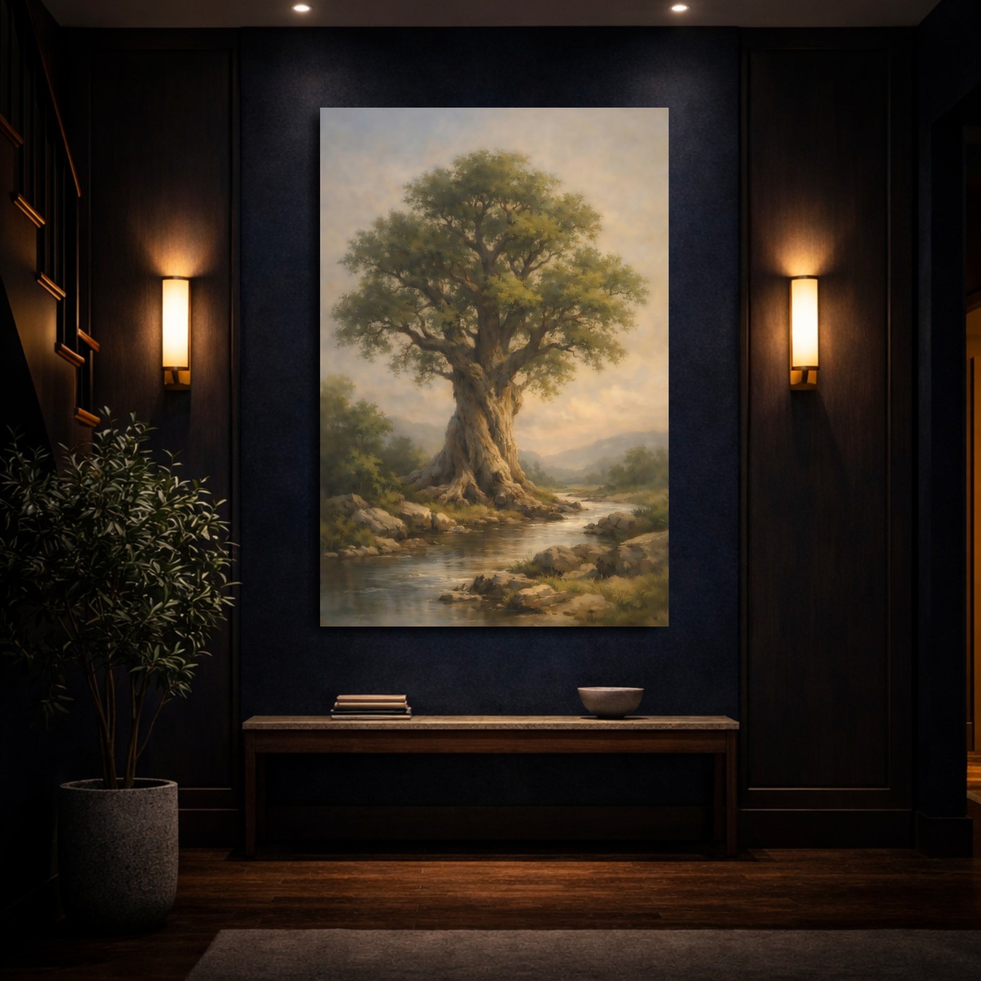 Mockup 3. Nature Ancient Tree Green Tree River shown as stretched canvas wall art