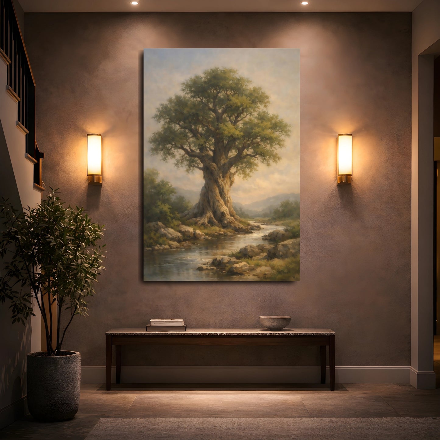 Mockup 4. Nature Ancient Tree Green Tree River shown as stretched canvas wall art