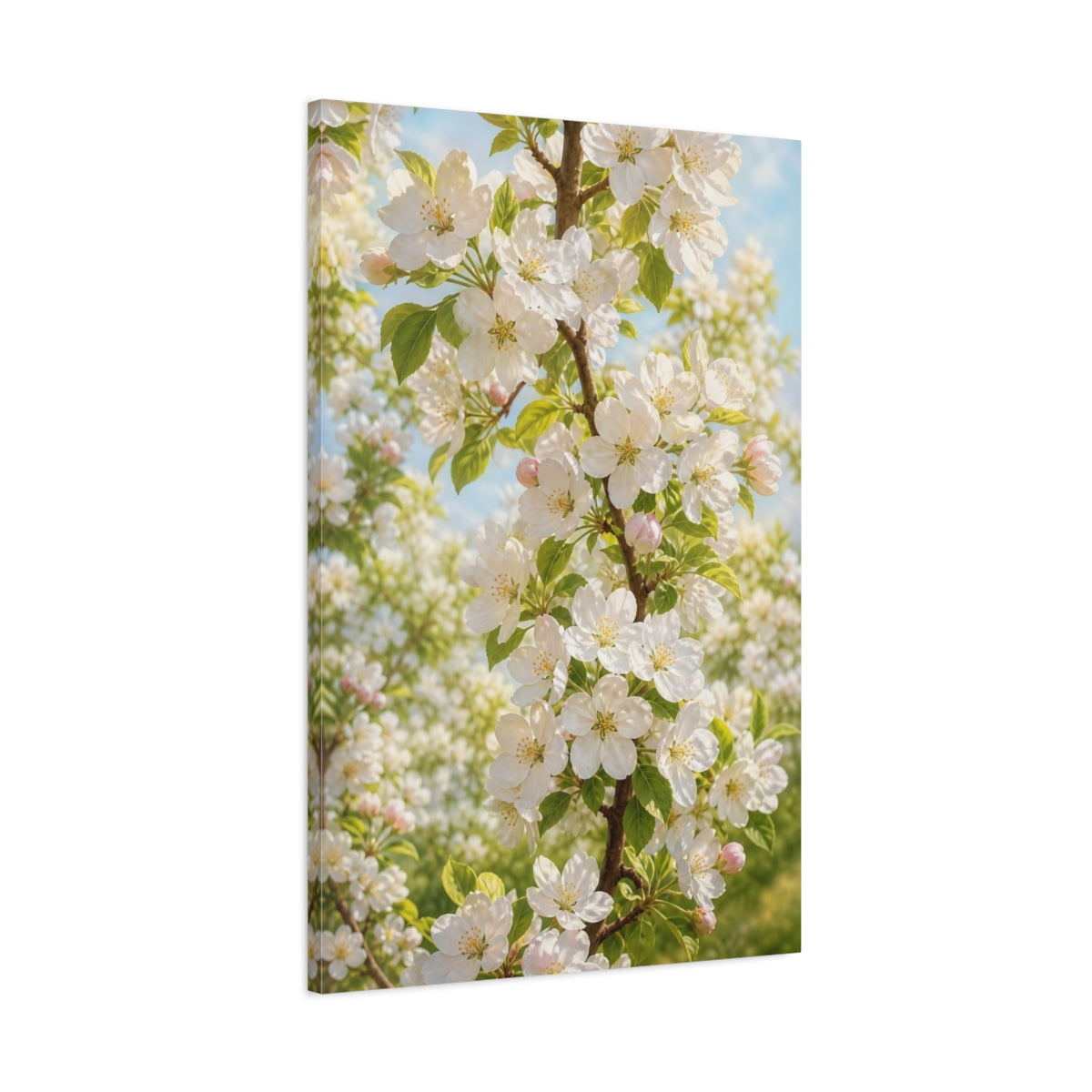 Main Mockup. Nature Apple Blossoms White And Green shown as stretched canvas wall art