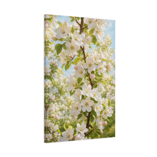 Main Mockup. Nature Apple Blossoms White And Green shown as stretched canvas wall art