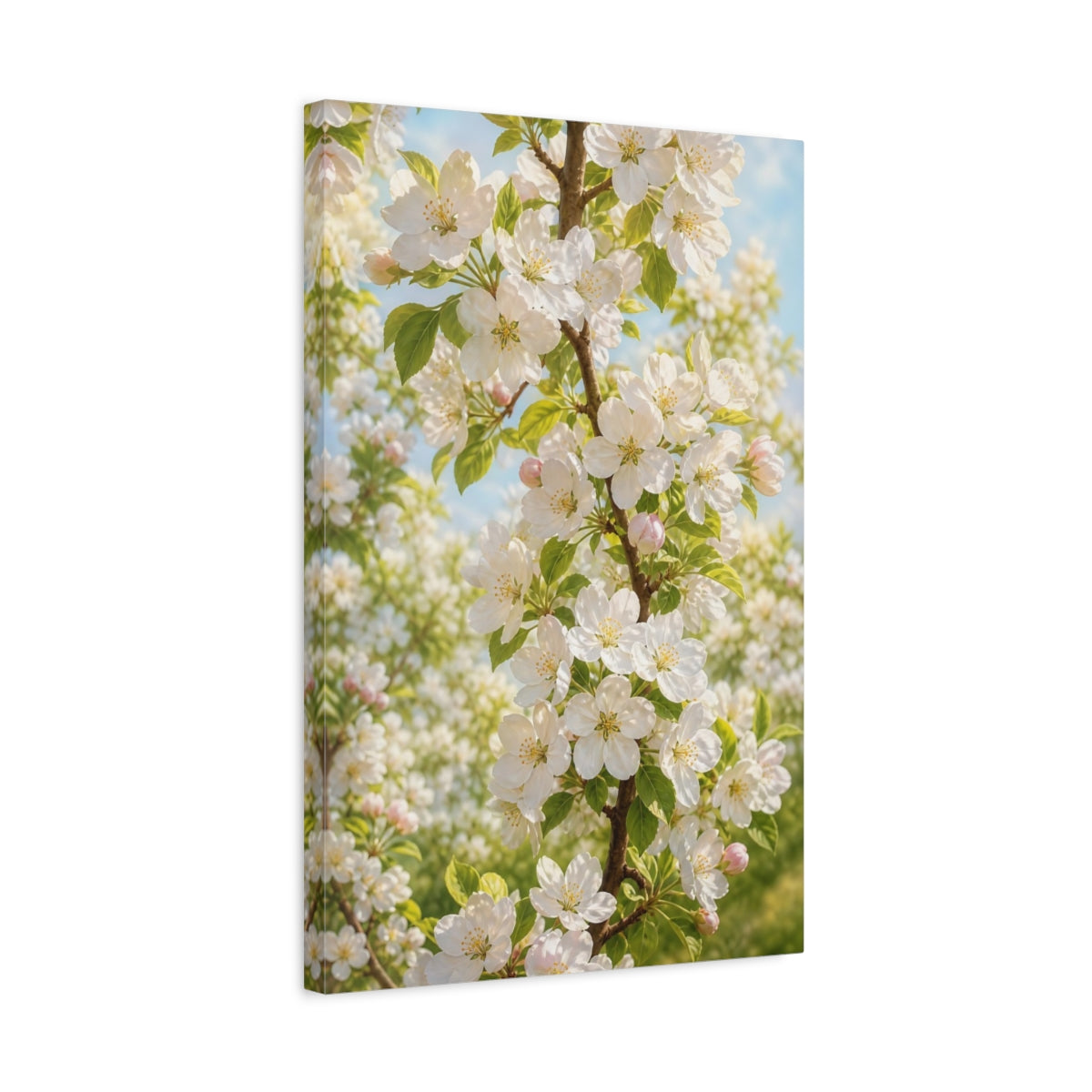 Side Mockup 3. Nature Apple Blossoms White And Green shown as stretched canvas wall art
