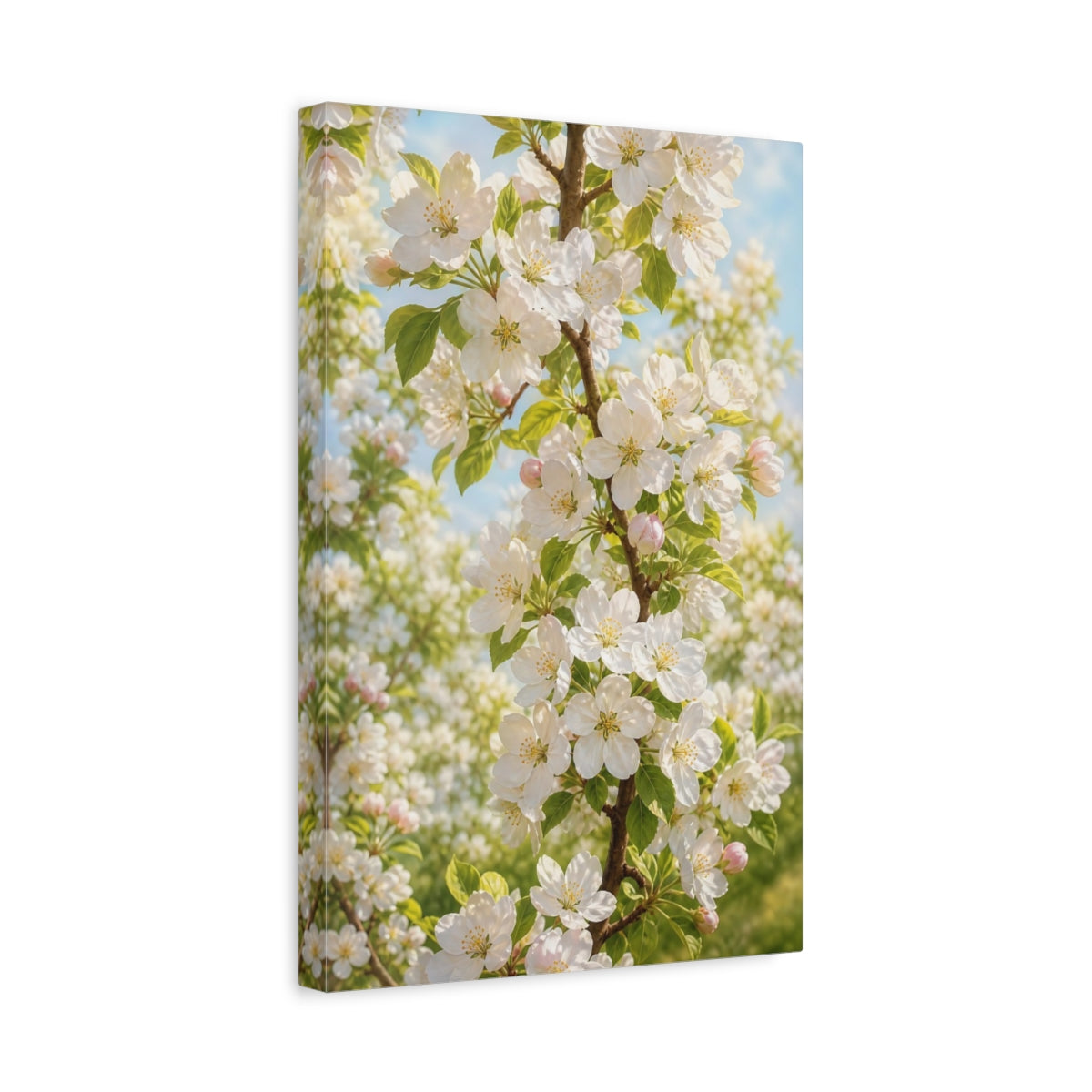 Side Mockup 4. Nature Apple Blossoms White And Green shown as stretched canvas wall art